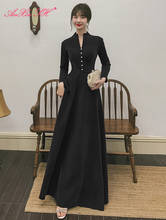 AnXin SH в винтажном стиле; С v-образным вырезом Длинные рукава Алина Черный Бархат длинное вечернее платье вечерние хост кнопка ретро маленькое черное платье 2024 - купить недорого