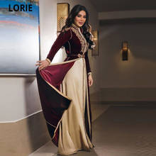 LORIE Charming Dubai Moroccan Kaftan Evening Gowns Burgundy Long Sleeves Gold Lace Appliques Prom Dresses Arabia Dress for Party 2024 - buy cheap