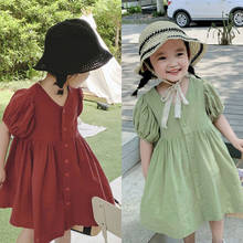 Summer Retro Cute O-Neck Puff Sleeve Dress For Girls Korean style Kids Single breasted Casual Princess Dresses 2024 - buy cheap