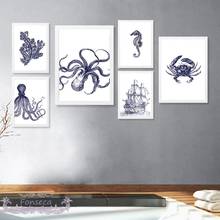 Posters e impressões tema azul do vintage octopus barco náutico octopus seahorse pintura em tela quadros rústicos arte da parede decoração 2024 - compre barato