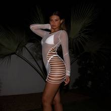 OMSJ Hot Sexy Hollow Out Summer Beach Sexy Solid Dress Mesh Sheer O-Neck Long Sleeve Backless Slim Mini Dresses Clubwear Female 2024 - buy cheap