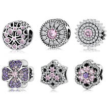 925 Sterling Silver fashion Purple and Pink CZ Flowers Beads Fit Original European Charm Bracelet Jewelry making 2018 2024 - buy cheap