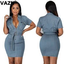 VAZN 2020 Summer Hot Plus Size High-end Denim Dress Office Sweet Daily Young Solid Short Sleeve High Waist Women Thin Mini Dress 2024 - buy cheap