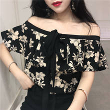 Summer Floral off shoulder Halter Chiffon Blouse Sexy Slash Neck Floral Print Shirt Female Tops 2024 - buy cheap