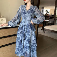 JSXDHK Runway Designer Spring Women Holiday Long Dress Vintage Layers Ruffles Chiffon Printed Jacquard Tie V Neck Maxi Dresses 2024 - buy cheap