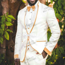 2021 Bridegroom White Floral Printed Wedding Tuxedos Mens Orange Stand Collar Groom Wear Formal Prom Men Suit Blazer Vest Pants 2024 - buy cheap