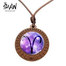 SIAN Fashion 12 Constellations Rope Chain Necklace 12 Zodiac Sign Taurus Gemini Scorpio Handmade Wood Pendant Glass Gift Jewelry 2024 - buy cheap