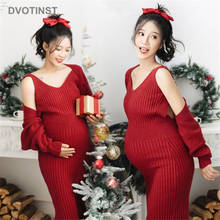 Dvotinst Women Photography Props Maternity Tank Dresses Pregnancy Red Christmas New Year Dress Cardigans 2pcs Studio Clothes 2024 - buy cheap