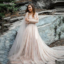 Verngo glitter champanhe vestido de casamento rendas ondas mangas compridas vestido de noiva 2021 v pescoço noivado nude vestidos de noiva plus size 2024 - compre barato