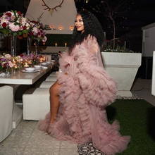 Сексуальное розовое прозрачное длинное платье для выпускного вечера с пышными длинными рукавами, длинное платье с оборками для беременных женщин 2024 - купить недорого
