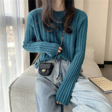 Suéter feminino de malha de manga longa, pulôver novo estilo coreano solto gola redonda com listras grossas 7 cores 534f 2024 - compre barato
