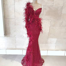 Burgundy Feathers Evening Dresses Mermaid Robe De Soiree Pearls  Dubai Prom Dresses Saudi Arabic V Neck Formal Party Gown 2020 2024 - buy cheap