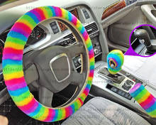 Capa para volante de arco-íris em 3 peças, pelúcia, coelho falso, para mulheres, quente, inverno, estilizador de carro 2024 - compre barato
