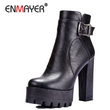 ENMAYER Women Boots Punk Buckle Round Toe High  Square Heel Ankle  for   Platform   Big Size 34-42 2024 - купить недорого
