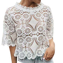 Tshirt Women Fashion High Collar Lace Hollowing Out Half Sleeve Tops Aesthetic Ropa Mujer Camisetas Top Women Harajuku T Shirt 2024 - buy cheap