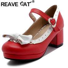 REAVE CAT-zapatos de tacón con punta redonda para mujer, de 5cm tacones de bloque, hebilla dulce y bonita con lazo en forma de corazón, talla grande 31-43, para fiesta, A3705, 2021 2024 - compra barato
