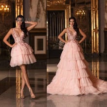 Vestidos de noche cortos rosa con tren desmontable, vestido de fiesta Formal con cuentas florales, escote en V, tul escalonado, sexi, 2021 2024 - compra barato