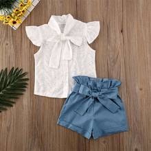 Toddler Kid Baby Girl Lace Shirt Top Denim Bowknot Shorts Outfit Clothes Summer Children Clothing Set 2024 - buy cheap