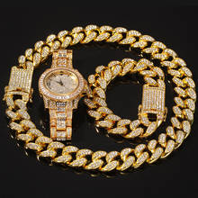 Quartz Watch Bling Iced Out Big Heavy Cuban Miami Link Chain Necklace Bracelet Watch 3pcs Set for Men Hip Hop Jewelry 2024 - buy cheap