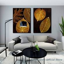 Póster con impresión estilo cuadro de lienzo de hojas con flores doradas nórdicas imágenes artísticas de pared para sala de estar, dormitorio, pasillo, plantas únicas 2024 - compra barato