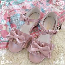 Sapatos de verão de princesa doce lolita, fofos, estudantes, laço diário, sapatos de couro, cabeça redonda, salto plano, cosplay loli 2024 - compre barato