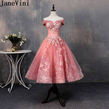 JaneVini Vintage Dusty Pink Prom Dresses Tea Length Off Shoulder A Line Illusion Lace Pearl Formal Party Pageant Gown Gala Dress 2024 - buy cheap