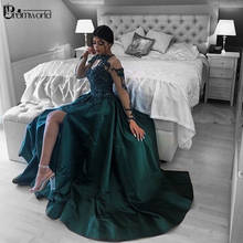 Emerald Green Evening Dresses Long with Sleeves Prom Dress A-Line Satin Side Split Sexy Formal Party Dress Robe De Soiree 2024 - buy cheap