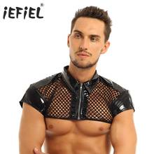 Mens Ver Através Fishnet Tops da Luva do Tampão de Couro Splice Ombro Cinturão Muscular Camisa Clubwear Traje Metade Superior 2024 - compre barato