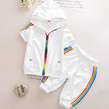 Suéter con capucha de manga corta para bebé, traje deportivo informal a rayas de arcoíris, moda de verano 2024 - compra barato