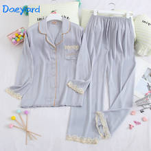 Daeyard sexy rendas conjunto de pijama feminino simples à moda duas peças pijamas primavera verão outono manga comprida sleepwear elegante homewear 2024 - compre barato