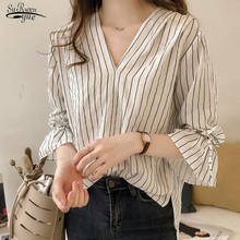 Blusa Verano Mujer 2021 Summer New Korean Version Trumpet Sleeves V-neck Tide Design Striped Shirt Women Tops and Blouse 9212 50 2024 - buy cheap