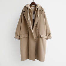 Пальто женское Шерстяное с капюшоном, зимнее пальто средней длины, большой размер 2024 - купить недорого