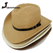 Панама соломенная для мужчин и женщин, шляпа от солнца в западном стиле, с широкими изогнутыми полями и лентой, однотонная, лето 2021 2024 - купить недорого