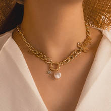 Docona-Collar con colgante de perla y estrella pequeña para mujer, cadena de clavícula con letras iniciales doradas, joyería de moda 2024 - compra barato