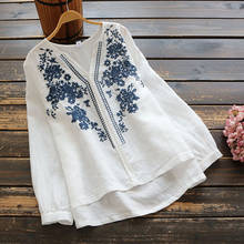 Teelynn longo lseeve oversize solto blusa feminina camisa de algodão branco linho vintage flor bordado v ncek pulôver boho 2024 - compre barato