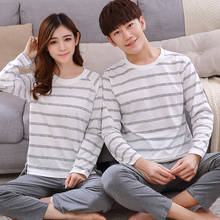 Pijama de algodón para parejas de otoño, Conjunto de pijama a rayas de manga larga con cuello redondo, ropa de dormir suave informal, ropa de dormir holgada de talla grande para hombre y mujer 2024 - compra barato