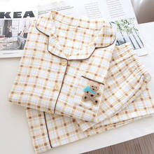 Sweet Plaid Bear 100% crepe cotton pajamas sets women sleepwear Japanese casual summer long sleeve sleepwear women pyjamas 2024 - buy cheap