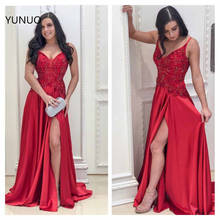 YUNUO-elegante vestido rojo de fiesta, escote en V de satén con ropa de noche, ilusión larga, con abertura y cuentas de encaje, Formal 2024 - compra barato