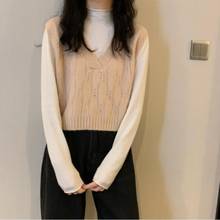 Suéter de malha curto feminino coreano, sem mangas, colete solto, para mulheres, gola v, pulôver, casaco feminino jw9797 2024 - compre barato