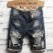 Calça jeans masculina de cinco pontos, nova moda verão, retrô, lavada, costura, curta, rasgada, com buracos, marca da moda, deni, 2021 2024 - compre barato