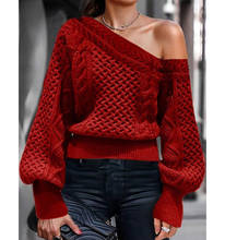 Autumn Winter Sweater Women Solid Red Knitted Off Shoulder Long Lantern Sleeve Loose Soft Jumper Long Sleeve Sweaters Plus Size 2024 - buy cheap