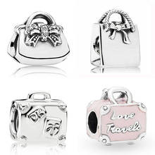 Sparkling Shopping Bow Handbag Pink Travel Bag Suitcase  Beads 925 Sterling Silver Charm Fit Fashion Bracelet Diy Jewelry 2024 - buy cheap