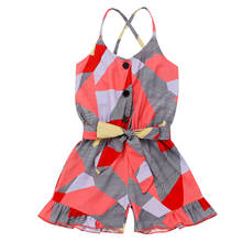 New Children Geometry Print Short Romper, Girls Sleeveless V-neck Sling Jumpsuit with Waistband 2024 - buy cheap