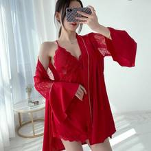 Женская пижама в стиле пэчворк, ажурное кимоно, банный халат, пикантная кружевная Свадебная ночная рубашка бордового цвета, комплект летней свободной домашней одежды 2024 - купить недорого