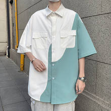 Camisa de retalhos dos homens japoneses streetwear harajuku camisas de homem bolsos decoração hip hop camisas de grandes dimensões manga curta casual topos 2024 - compre barato