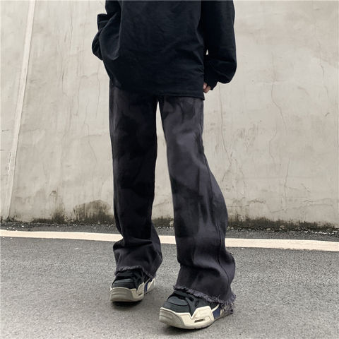 Tie Dye Ripped Tassel Jeans Mens High Street Straight Washed Oversize Denim Trousers Harajuku Loose Casual Jean Pants 2022 - купить недорого