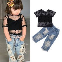 Conjuntos de ropa para niñas pequeñas, camisetas de manga corta de encaje, Tops + chaleco + Pantalones vaqueros de verano, 3 uds., 2021 2024 - compra barato