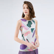 Miyake Pleated Geometric Printed T-shirt Women Summer Sleeveless Casual Tops 2024 - buy cheap