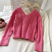 Женский однобортный свитер с V-образным вырезом, винтажный джемпер с длинным рукавом в Корейском стиле, Осень-зима 2020 2024 - купить недорого