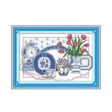 Kit de punto de cruz floral en celadón, bordado de flores en florero de celadón de dibujos animados, 14ct, 11ct, bordado de costura artesanal, costura hecha a mano 2024 - compra barato